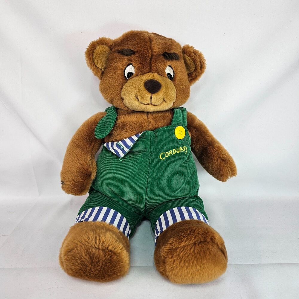 Eden Corduroy Teddy Bear Plush 14" Brown Green Overalls Vintage Stuffed Animal